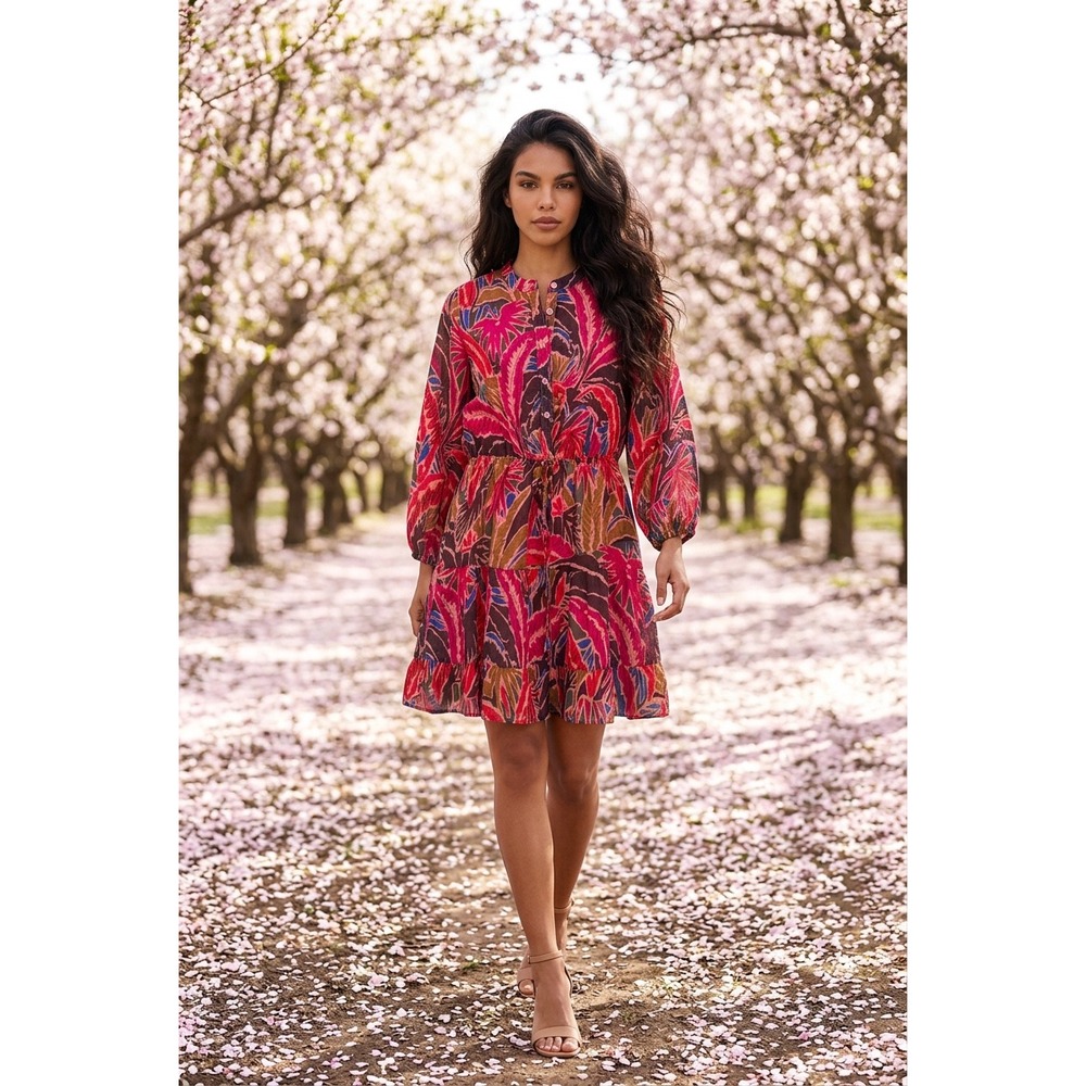 The Good Journey Pink Tropical Print Tiered Mini Dress Womens Size 6 Boho Summer